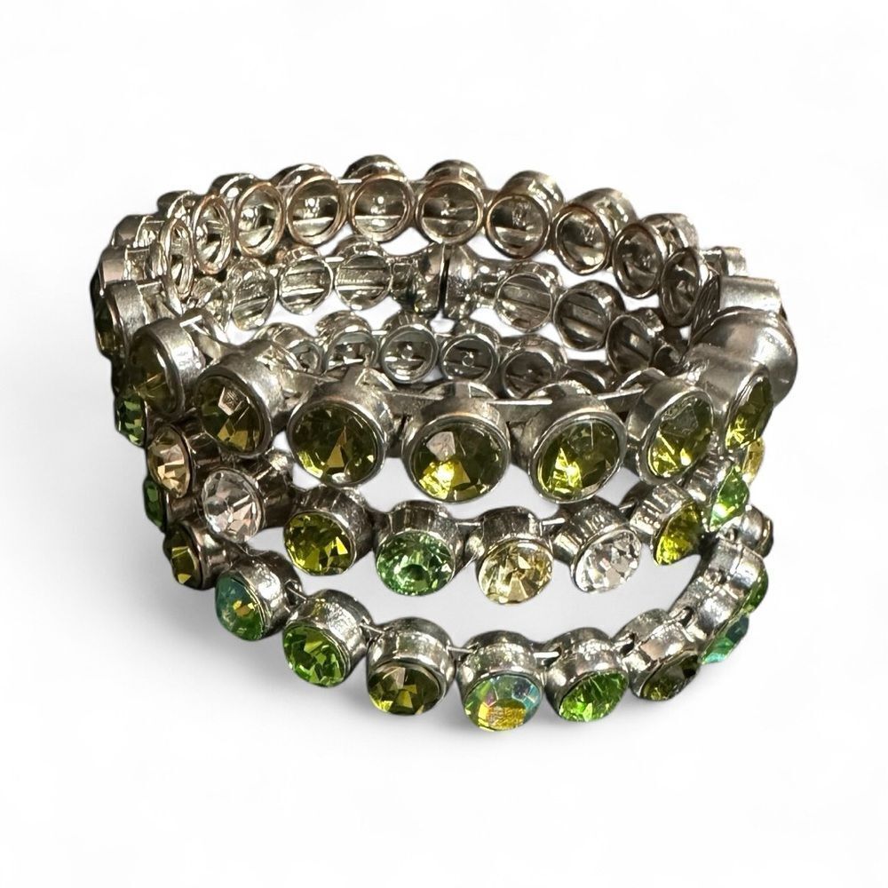 THREE GREEN & AB CRYSTAL SILVER & PERIDOT RHINESTONE MAGNETIC CLOSURE BRACELETS